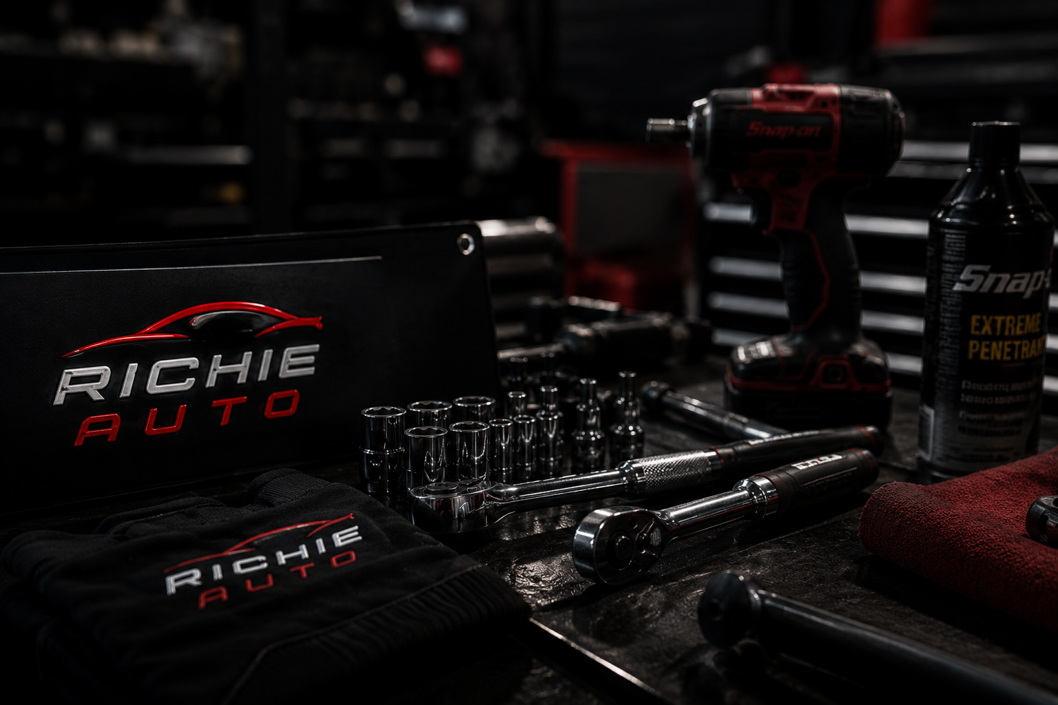 Richie Auto branded tool chest inside the shop